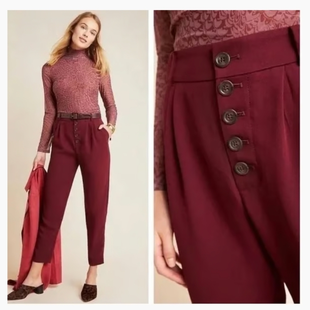 Anthropologie Burgundy Button-Front Cropped Pants